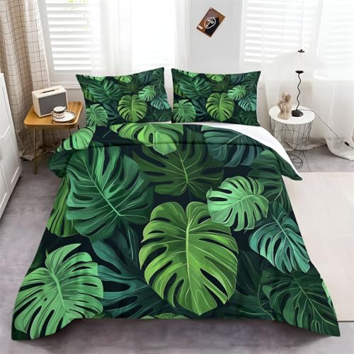 Bettbezug Tropische Blätter Pflanzen Motiv Weiche Bettbezug 135 x 200 cm Bettwäsche-Set Grün Gemütlich Bettbezug mit Reißverschluss und Kissenbezüge für Kinder Jugendliche Erwachsene von Generic