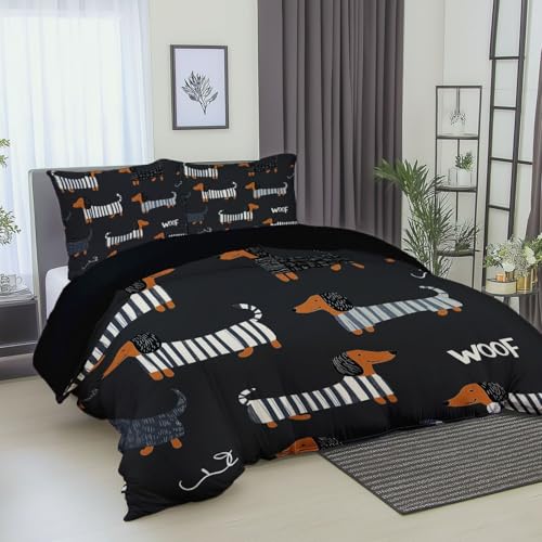 Bettbezug bettwäsche wendbar Handgezeichneter gestreifter Dackel Sets,100% mikrofaser atmungsaktiv Schwarz 2 Teilig Sets,für Kinder Erwachsene Jugendliche 135 x 200 cm mit reißverschluss von Generic
