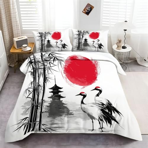 Bettbezug mit Kissenbezug Bettwäsche-Set mit Tinte Bambus Vögel Print Schwarz Rot, 135 x 200 cm weich und bügelfrei, Bettwäsche Set Mikrofaser mit Reißverschluss Bettbezug mit Kissenbezug Bettwäsche-Set mit Tinte Bambus Vögel Print Schwarz Rot, 135 x 200 cm weich und bügelfrei, Bettwäsche Set Mikrofaser mit Reißverschluss von Generic