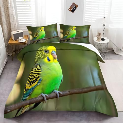 Bettdecke Cover 135 × 200 cm Bettwäsche GrüN Tier Wellensittich Drucken Schlafzimmer Atmungsaktiv Mikrofaser Bettwäsche Bettbezug Mit Reißverschluss Wird mit 2 Kissenbezügen von Generic