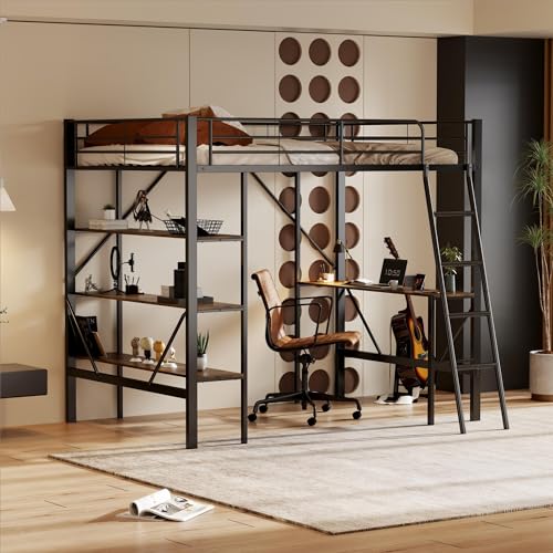 Bettgestell Metallbett, Eisenbett stabil, Hochbett mit Schreibtisch und großen Ablagen, platzsparendes Loftbett für Schlafzimmer, Gästezimmer, Jugendzimmer von Generic