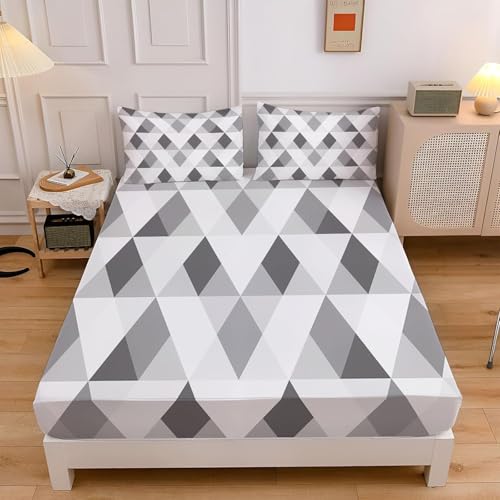 Bettlaken Geometrische Muster, Spannbettlaken 100x200cm Grau für Boxspringbett Weiche Mikrofaser Spannbetttuch 3D Bed Sheet mit 2 Kissenbezug für Kinder Erwachsene CL5231 von Generic
