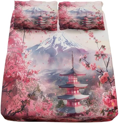 Bettlaken Japanische Landschaft, Spannbettlaken 140x200cm Japanische KirschblüTen für Boxspringbett Weiche Mikrofaser Spannbetttuch 3D Bed Sheet mit 2 Kissenbezug für Kinder Erwachsene 656-LK von Generic