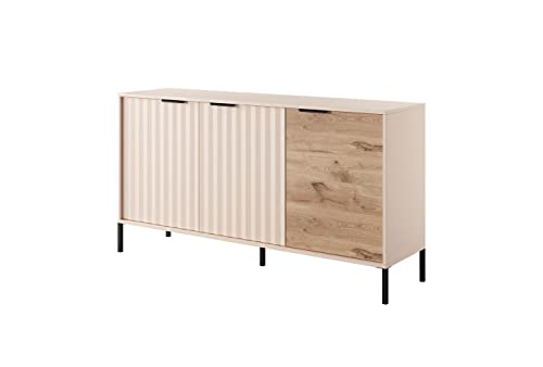 Bettso -Kommode Breite Sideboard mit Metallbeinen und 3 Türen für Wohnzimmer Schlafzimmer (153 x 81x 39,5cm)-RAW 3D 153cm Beige/Eiche Viking von Generic