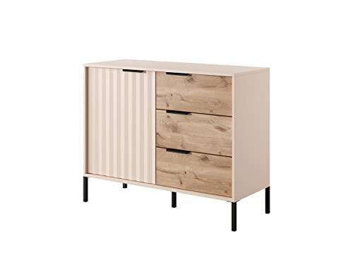 Bettso-Kommode Hohe Sideboard 1 Türen und 3 Schubladen mit Metallbeinen für Wohnzimmer Schlafzimmer (103 x 81x 39,5cm)- RAW 103cm (Beige/Eiche Viking) von Generic