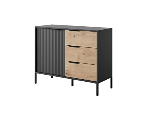 Bettso-Kommode Hohe Sideboard 1 Türen und 3 Schubladen mit Metallbeinen für Wohnzimmer Schlafzimmer (103 x 81x 39,5cm)- RAW 103cm (Schwarz/Eiche Artisan) von Generic