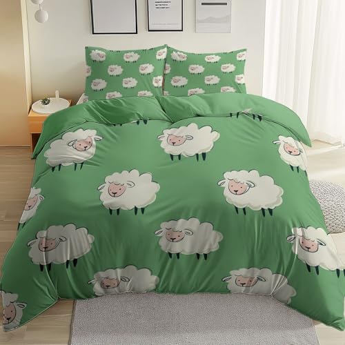 Bettwäsche 135 cm X 200 cm 3-Teilig – Weiche Microfaser Bettwäsche Set Mit Reißverschluss, Hautfreundlich, Bügelfrei, Cartoon Schaf Gras, Grün, Mit Kissenbezügen Bettwäsche 135 cm X 200 cm 3-Teilig – Weiche Microfaser Bettwäsche Set Mit Reißverschluss, Hautfreundlich, Bügelfrei, Cartoon Schaf Gras, Grün, Mit Kissenbezügen von Generic
