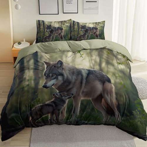 Bettwäsche 135 cm X 200 cm Wolf Wald Wächter Grau Grün Wendebettwäsche 3-Teilig Aus Mikrofaser – Weicher Bettbezug Mit Reißverschluss Und 2 Kissenbezüge 80X80 cm, Gemütlich von Generic