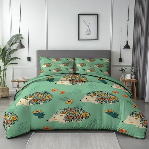 Bettwäsche 135 x 200 cm, Karikatur Böhmischer Stil Igel Wendebettwäsche, Weiche Kuschelige Mikrofaser Bettbezug Set 3 teilig mit Reißverschluss für Frauen Männer Jugendliche Hellgrün von Generic