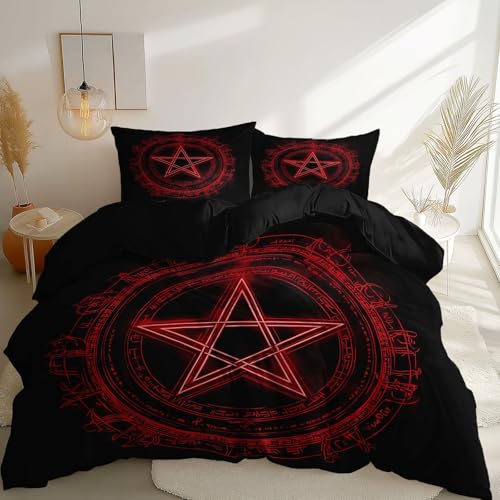 Bettwäsche 135 x 200 cm 3 teilig Bettwäsche Set Schwarz Mikrofaser mit Reißverschluss, 2 Kissenbezüge 80x80 cm Mysteriöse Symbole Fünfzackiger Stern Magie von Generic