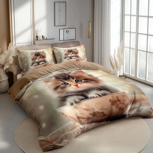 Bettwäsche 135 x 200 cm Elegantes Süßes Kätzchen Bettbezug Set Weiche Microfaser Wendebettwäsche Mädchen Bettbezug mit Reißverschluss + 2 Kissenbezug 80x80 cm, Khaki Bettwäsche 135 x 200 cm Elegantes Süßes Kätzchen Bettbezug Set Weiche Microfaser Wendebettwäsche Mädchen Bettbezug mit Reißverschluss + 2 Kissenbezug 80x80 cm, Khaki von Generic