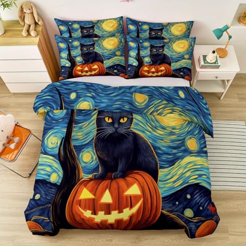 Bettwäsche 135 x 200 cm Farbe mit Cartoon Halloween Kürbis Sternenkatze Drucken Bettbezug Set, weich und kuschelig für Herbst und Winter geeignet, Mädchen Mikrofaser Wende Bettwäsche-Sets Bettwäsche 135 x 200 cm Farbe mit Cartoon Halloween Kürbis Sternenkatze Drucken Bettbezug Set, weich und kuschelig für Herbst und Winter geeignet, Mädchen Mikrofaser Wende Bettwäsche-Sets von Generic