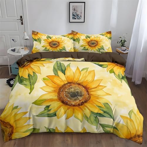 Bettwäsche 135 x 200 cm Handgemalte Sonnenblume Im Aquarellstil Muster Bettwäsche Set Microfaser Wendebettwäsche Bettbezug und Kissenbezug 80×80cm mit Reißverschluss Weich und Bügelfrei, Braun von Generic