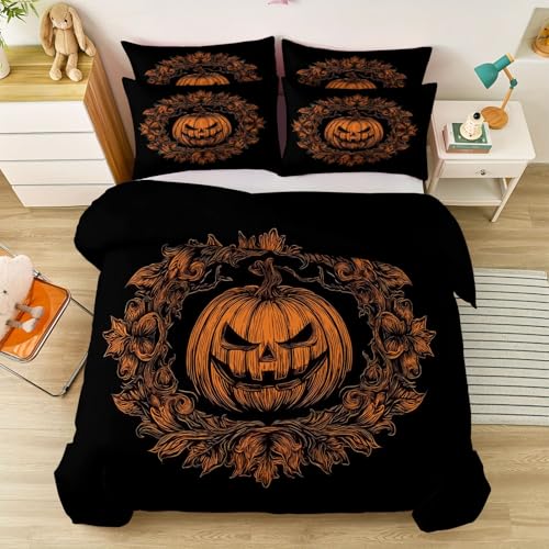 Bettwäsche 135 x 200 cm Mit 2 Kissenbezügen, Halloween Vintage Verziert Kürbisse Thema Bettwäsche Geeignet für Jungen und Mädchen Weich und bequem gebürstete Mikrofaser Pflegeleichter Orange Farbe von Generic