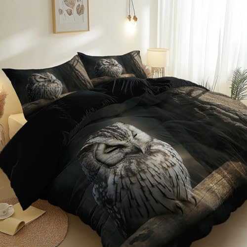 Bettwäsche 135 x 200 cm Ruhige Eule Design - Sommer Bettwäsche Set Weich Microfaser, Atmungsaktiv & Hautfreundlich - Wendebettwäsche mit Reißverschluss, Schwarz von Generic