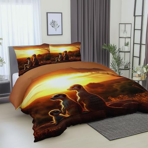 Bettwäsche 135 x 200 cm Wendebettwäsche Set Microfaser Wildtiere, Erdmännchen Microfaser Bettbezug und Kissenbezug 80x80 cm mit Reissverschluss Gelb von Generic