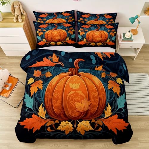 Bettwäsche 135 x 200 cm für Jungen und Mädchen, Verziert Halloween Kürbis Blätter Muster Kinderbettwäsche mit Reißverschluss - Weiche Angenehme Mikrofaser Farbe Bettdecken Bezug von Generic
