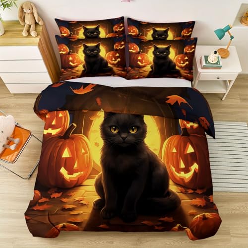 Bettwäsche 135 x 200 cm mit Reißverschluss Kissenbezug, Cartoon Süß Tiere Schwarze Katze Kürbisse Thema Doppelseitig bedruckter Bettbezug für Jungen Mädchen - Weich und bequem Bettbezug Orange Farbe von Generic