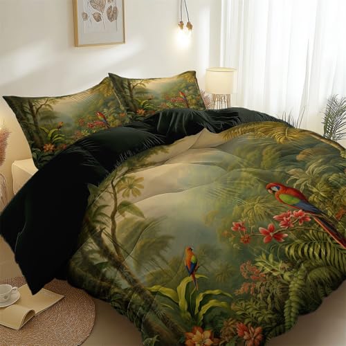 Bettwäsche 135 x 200 cm weiche und gemütliche Bettwäsche Naturaler Papagei (Dschungellandschaft) Mikrofaser Bettbezug mit Reißverschluss + 2 Kissenbezug Damen Herren Grün von Generic
