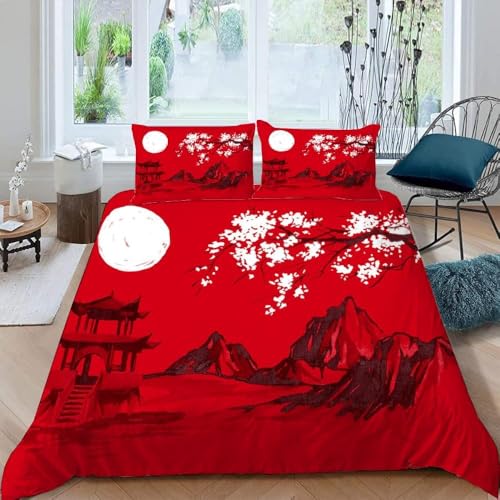 Bettwäsche 135x200 Japanischer Stil Bettbezug 135 x 200 Rot Bettwäsche-Sets mit Reißverschluss 3D Weiche Mikrofaser Kinderbettwäsche mit 2 Kissenbezüge 80x80 cm A-219 von Generic