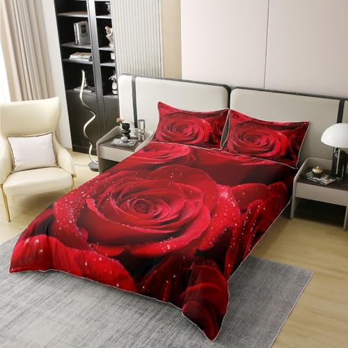 Bettwäsche 135x200 Rosen Weiche Kuschelig Mikrofaser Rote Muster Bettwäsche-Sets 3D Bettbezug mit Reißverschluss + 2 Kissenbezüge 80 x 80 cm c-117 von Generic