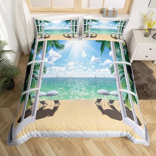 Bettwäsche 135x200 Tropische Palme Kuschelig Weiche Mikrofaser Bettwäsche-Sets Meeresstrand Bettbezug 135 x 200 3D Effekt Bettbezüge mit Reißverschluss und 2 Kissenbezüge 80x80 cm D-464 von Generic