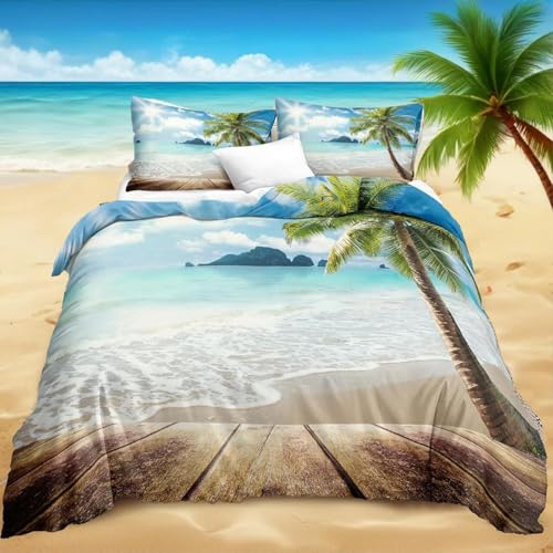 Bettwäsche 135x200 Tropische Palmen Kuschelig Weiche Mikrofaser Bettwäsche-Sets Strandlandschaft Bettbezug 135 x 200 3D Effekt Bettbezüge mit Reißverschluss und 2 Kissenbezüge 80x80 cm D-527 von Generic