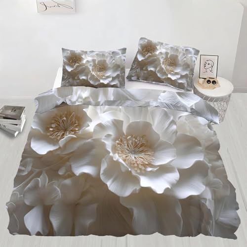 Bettwäsche 135x200 cm WeißE Blumen 3 Teilig Bettbezug 135 x 200 Moderner Stil Bettwäsche-Sets 3D Weiche Mikrofaser Bettbezug Set mit Reißverschluss + 2 Kissenbezüge d-410 von Generic