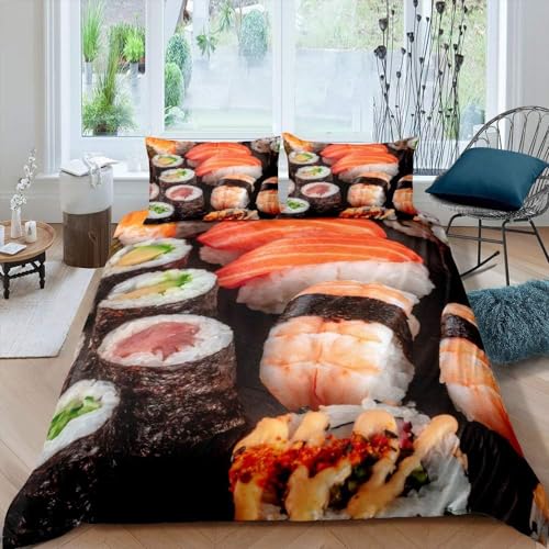 Bettwäsche 140x200 Essen Sushi 3D Bettwäsche-Sets Japanischer Stil 3 Teilig Weich Mikrofaser Bettbezug Set mit Reißverschluss + 2 Kissenbezüge 80x80 cm J1040 von Generic