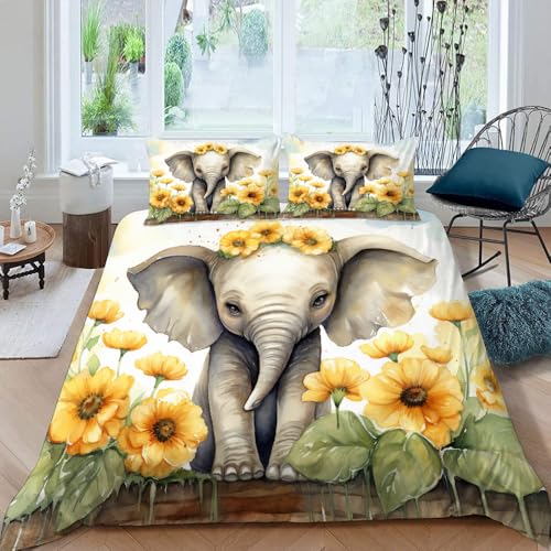 Bettwäsche 160x200 cm 3D-Digitaldruck 3 Teilig Süßer Elefant Bettwäsche-Sets Kinder Mikrofaser mit Reißverschluss Sonnenblume-Motiv Soft Bettwaren Bettbezug und 2 Kissenbezug 50x75 cm (Dx11504) von Generic