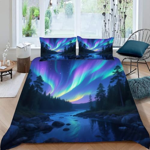Bettwäsche 160x200 cm 3D Motiv 3teilig Nordlicht Bettwäsche-Sets Mikrofaser mit Reißverschluss Waldnachtszene Bettbezüge mit 2 Kissenbezug 50x75 cm (Dx11252) von Generic