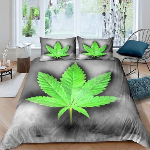 Bettwäsche 200x220 Marihuanablätter Bettwäsche-Sets Atmungsaktive Angenehme Bügelfrei Microfaser 3D Bettbezug Unkraut mit Reißverschluss und 2 Kissenbezüge b-8441 von Generic
