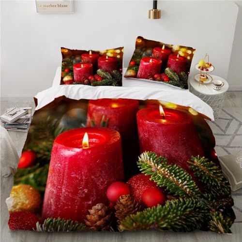 Bettwäsche 200x220 Rote Kerze Kuschelig Weiche Mikrofaser Bettwäsche-Sets Weihnachtsthema Bettbezug 200x220 3D Effekt Bettbezüge mit Reißverschluss und 2 Kissenbezüge 80x80 cm C-1469 von Generic