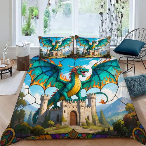 Bettwäsche 200x220 cm 3D Motiv 3teilig Glasmalerei Bettwäsche-Sets Mikrofaser mit Reißverschluss Fantasie-Drache Bettbezüge mit 2 Kissenbezug 50x75 cm (Dx10814) von Generic