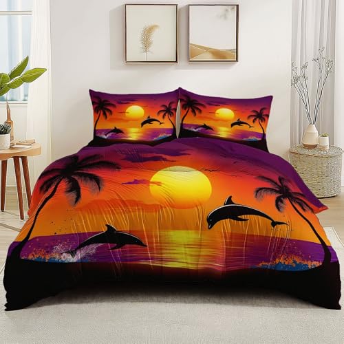 Bettwäsche 3-teilig Orange Lila Weiche gebürsteter Mikrofaser Reißverschluss, Einfach Sonnenuntergang Delfine Druck, 135 x 200 cm für Teenager und Erwachsene Bettwäsche Set von Generic
