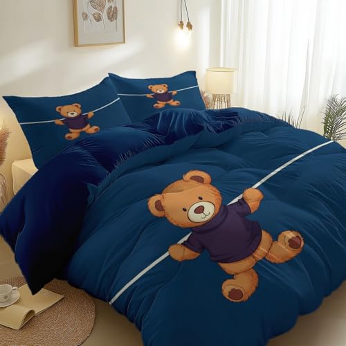 Bettwäsche Cartoon Teddybär Seil Orange Blau, Weiches Atmungsaktives Bettwäsche-Set 3-Teilig Mit Reißverschluss, Bedruckter Wendebettbezug Für Schlafzimmerdekoration 135 cm X 200 cm von Generic