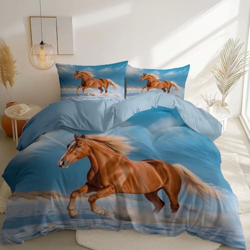 Bettwäsche Fantasie Tiere Pferde für Erwachsene Hellblau Wendbarer Bedruckter Bettbezug 155 x 200 cm, mit Reißverschluss Mikrofaserbettwäsche von Generic