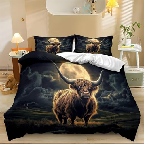 Bettwäsche Fantasy-Landschaft Hochlandrind Modern Bettwäsche Set Weich Flauschige 135 x 200 cm Braun Bettbezug Mikrofaser 1 Deckenbezug mit Reißverschluss 2 Kissenbezug 80x80 cm von Generic