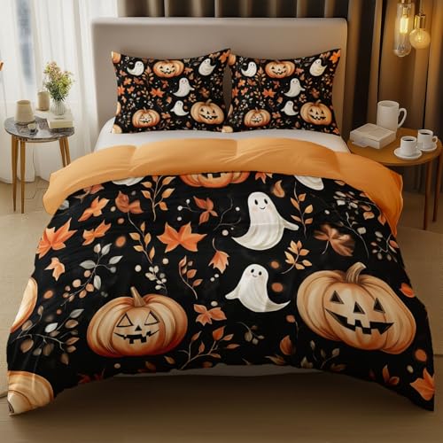 Bettwäsche Reversibel 135 x 200 cm für Kinder Teens Mädchen, Süßer Halloween-Kürbis Thema Bettwäsche Set 100% Mikrofaser Betten Set, Bügelfrei Knitterfrei mit Reißverschluss orange Farbe von Generic