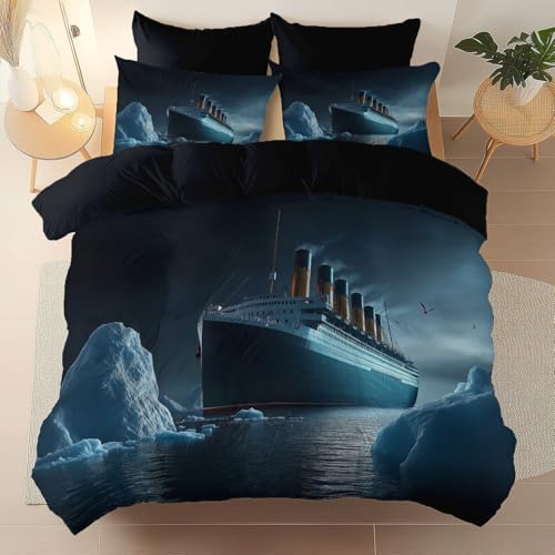 Bettwäsche Set 135 x 200 cm, 100% Mikrofaser Bettbezug 3D-Druck Natürlicher Eisberg Schiff Bettwäsche-Sets 2teilig mit Reißverschluss, für Mädchen Jungen Schwarz von Generic