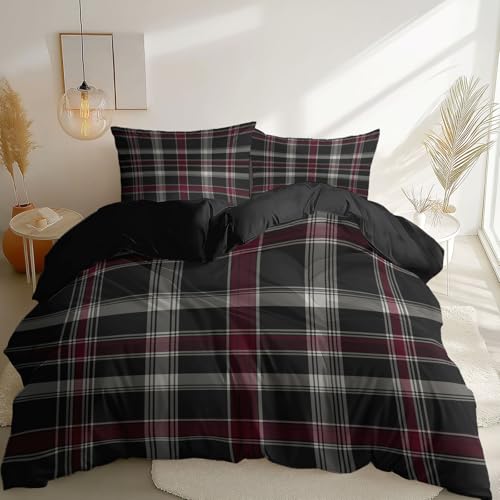 Bettwäsche Set 135 x 200 cm, Schlicht Schottisches Karomuster Bedruckt Weiche Mikrofaser Bettbezug mit Reißverschluss, Schwarz Wende Bettbezug 3 teilig für Erwachsene Frauen Jugendliche von Generic