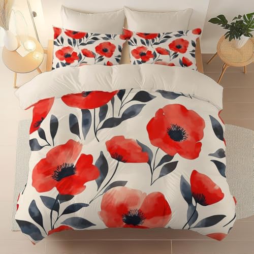 Bettwäsche Set 135 x 200 cm mit 1 Kissenbezügen 80x80 cm, Ultraweicher Mikrofaser Einfache Blütenblätter Mohn mit Reißverschluss, für alle Jahreszeiten Beige von Generic