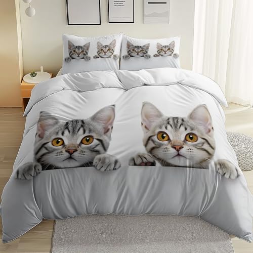 Bettwäsche Set 155 x 200 cm, Süß Haustier Katze Gedrucktes Muster, Grau Orange Gebürstete Mikrofaser Weiche & Atmungsaktive Bettwäsche-Sets mit Reißverschluss von Generic