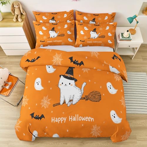 Bettwäsche Set 3-teilig Reißverschluss 135 x 200 cm, weich und pflegeleicht Mikrofaser Bettwäsche - Cartoon Fantasie Süß Geist Katze Thema Bettbezug Geeignet für Jungen und Mädchen Orange Farbe von Generic