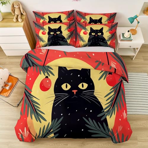 Bettwäsche Set 3-teilig Reißverschluss 135 x 200 cm, weich und pflegeleicht Mikrofaser Bettwäsche - Einfach Weihnachtsbaum Süß Tiere Katze Thema Bettbezug Geeignet für Jungen und Mädchen Farbe von Generic