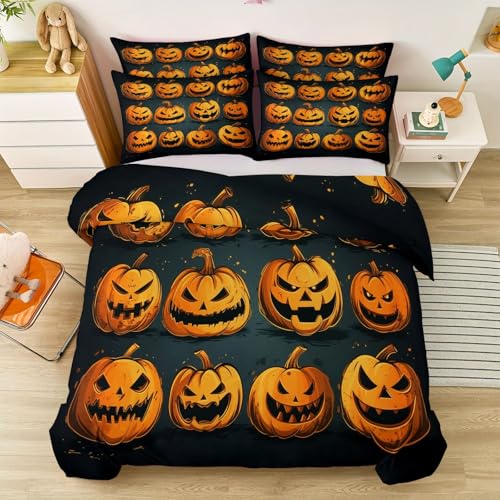 Bettwäsche Set 3-teilig Reißverschluss 135 x 200 cm, weich und pflegeleicht Mikrofaser Bettwäsche - Halloween Cartoon Schlicht Süß Kürbis Thema Bettbezug Geeignet für Jungen und Mädchen Orange Farbe von Generic