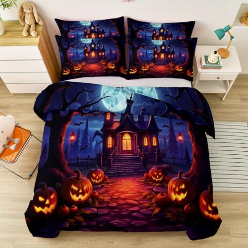 Bettwäsche Set 3-teilig Reißverschluss 135 x 200 cm, weich und pflegeleicht Mikrofaser Bettwäsche - Halloween Mond Wald Haus Kürbis Thema Bettbezug Geeignet für Jungen und Mädchen Farbe Bettwäsche Set 3-teilig Reißverschluss 135 x 200 cm, weich und pflegeleicht Mikrofaser Bettwäsche - Halloween Mond Wald Haus Kürbis Thema Bettbezug Geeignet für Jungen und Mädchen Farbe von Generic