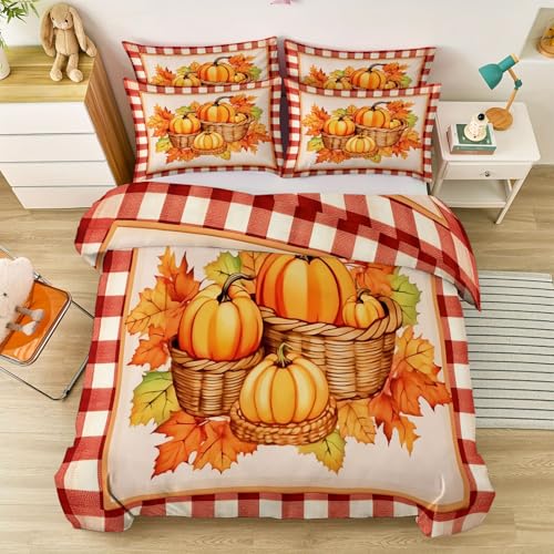 Bettwäsche Set 3-teilig Reißverschluss 135 x 200 cm, weich und pflegeleicht Mikrofaser Bettwäsche - Retro Landschaft Natur Kürbis Blätter Thema Bettbezug Geeignet für Jungen und Mädchen Orange Farbe von Generic