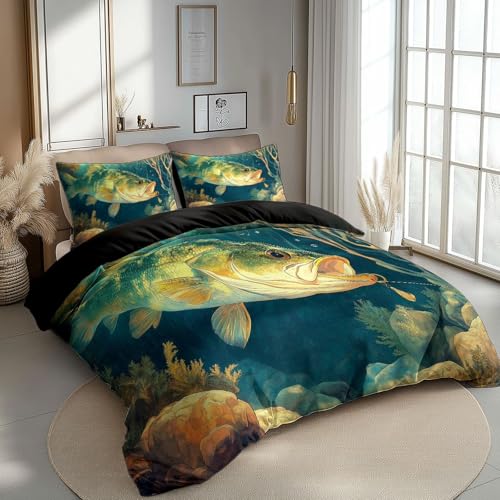 Bettwäsche Set Cartoon Fisch Angeln Grün Orange, Weich Und Angenehm Bügelfrei & Knitterfrei Bettbezug Set Mit 80X80 cm Kissenbezug 3Er Set Bettwasche Mit Reißverschluss 135 cm X 200 cm von Generic