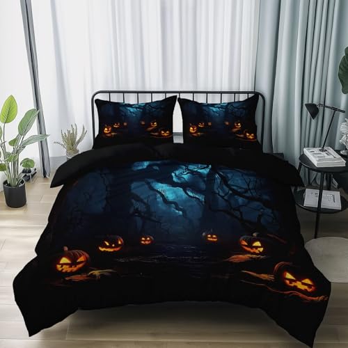 Halloween Mikrofaser Bettwäsche 135 x 200 cm, Halloween Wald Kürbislaterne Druck Bettbezug mit Reißverschluss - Schwarz Wend Bettbezug Set mit 2 Kissenbezug 80 x 80 cm für Frauen Mädchen Halloween Mikrofaser Bettwäsche 135 x 200 cm, Halloween Wald Kürbislaterne Druck Bettbezug mit Reißverschluss - Schwarz Wend Bettbezug Set mit 2 Kissenbezug 80 x 80 cm für Frauen Mädchen von Generic
